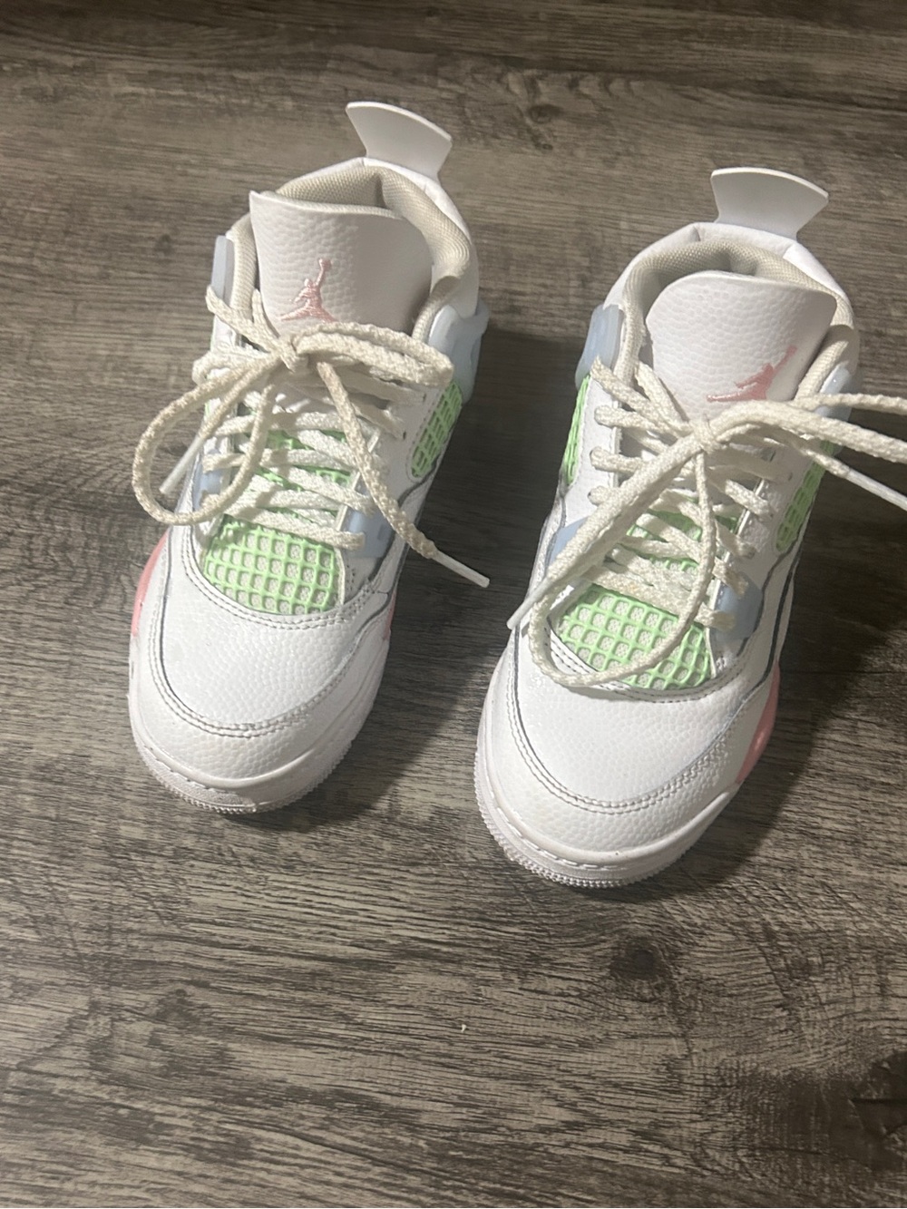 Jordan Kids White Sneakers with Pastel Green and Pink Accents